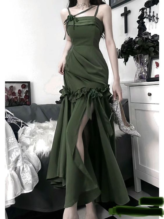 Chic Green Spaghetti Straps Mermaid Prom Dress,Green Evening Dress Y5182