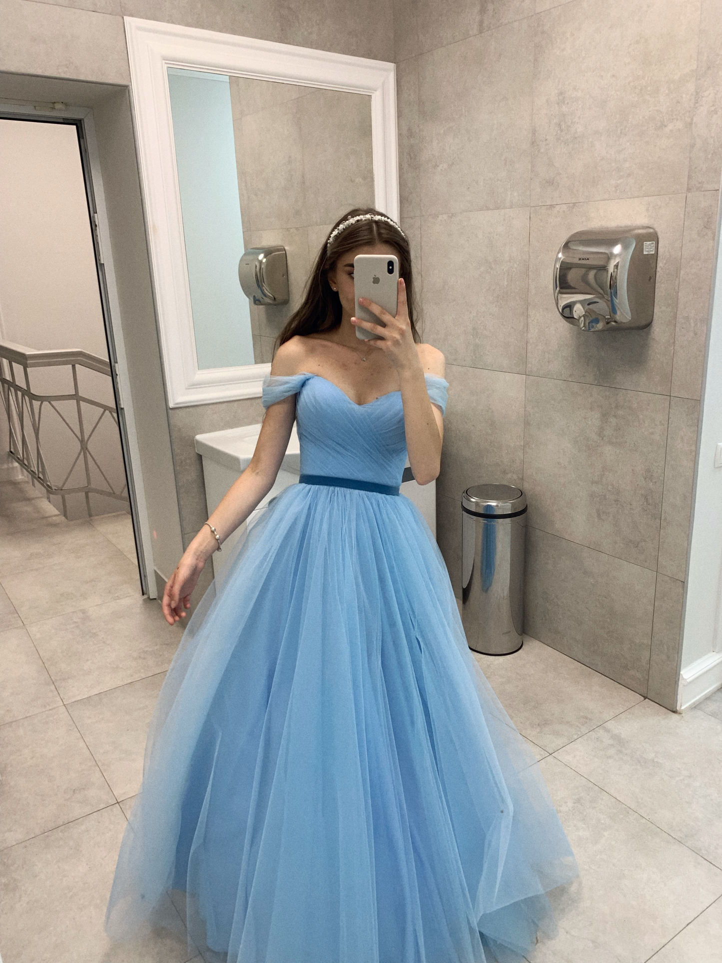 Classy Off The Shoulder Blue Prom Dress,A-line Tulle Prom Gown Y4778