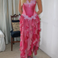 Vintage Hot Pink Lace Chiffon Ruffles Evening Dress,Strapless Prom Dress Y8252