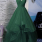 Green A-Line V-Neck Glitter Pleated Long Tulle Prom Dress/Evening Dress Y6440