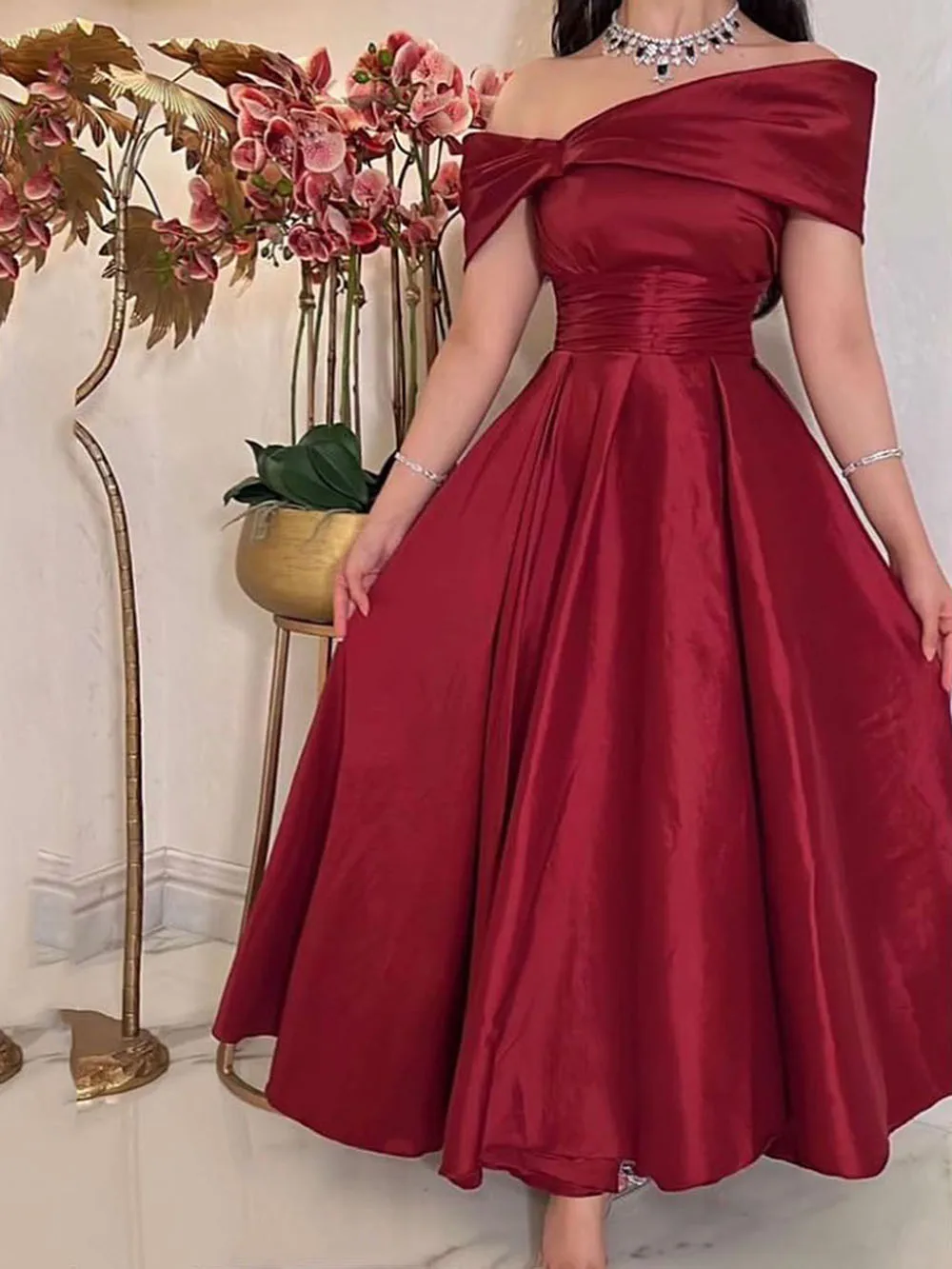 Dark Red Midi Prom Dresses Off Sleeves Ankle Length Arabic Dubai Formal Party Gowns Evening Gowns Y4620