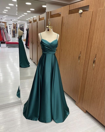 Women Satin Cheap Prom Dresses A Line Spaghetti Straps Long Girls Formal Evening Party Gowns Christmas Wears  Y4578