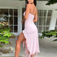 Pink Strapless Ruffle Evening Dress Women Sexy Bodycon Fringe Elegant Sleeveless Backless Holiday Club Party Dress Y6438