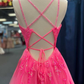 Hot Pink Tulle Appliques Lace-Up A-Line Long Prom Dress Y2791