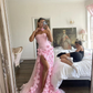 Chic Pink Strapless Long Prom Dress with 3D Flowers Y2723