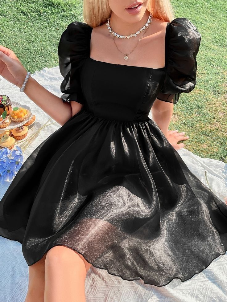Black Square Neckline A-line Homecoming Dress ,Vintage Black Party Dress With Puff Sleeves,Y2446