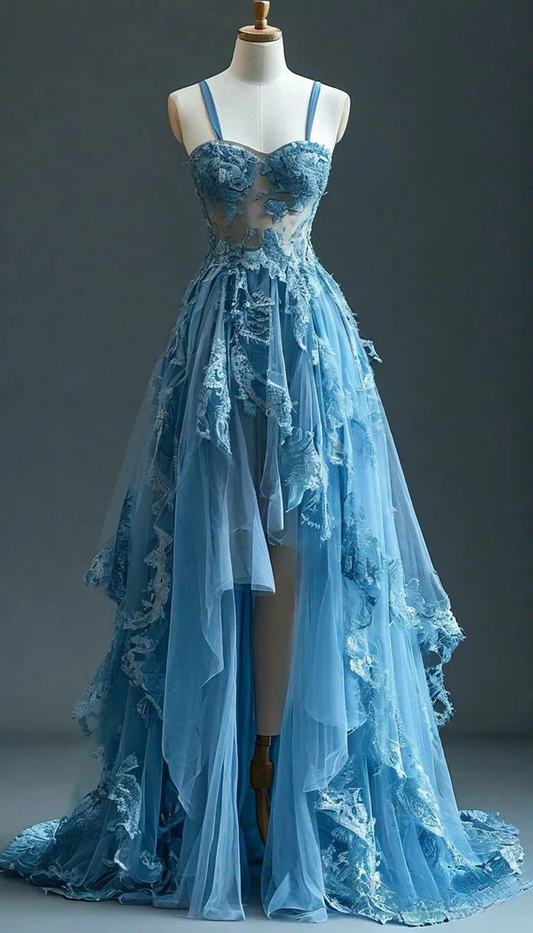 Pretty Blue Lace Tulle Tiered Evening Dress Long A Line Prom Dress Y8027