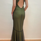 Vintage Halter Satin Beaded Mermaid Evening Dress,Sexy Backless Green Prom Dress Y8228
