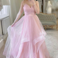 Pink Tulle Long Prom Dresses, Sweet A-Line Evening Dresses Y6591