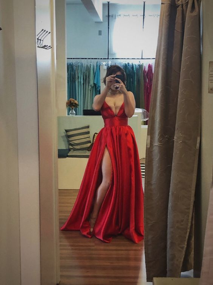 Beautiful Red Satin Prom Dress With Slit Y7162
