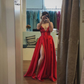 Beautiful Red Satin Prom Dress With Slit Y7162
