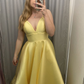 Sexy Spaghetti Straps V-neck Floor Length Satin Yellow Prom Dress Y7329