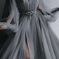 Gray Off The Shoulder Tulle Appliques Slit Prom Dress S23034