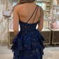 A Line One Shoulder Navy Tiered Lace Short Homecoming Dress Y2820