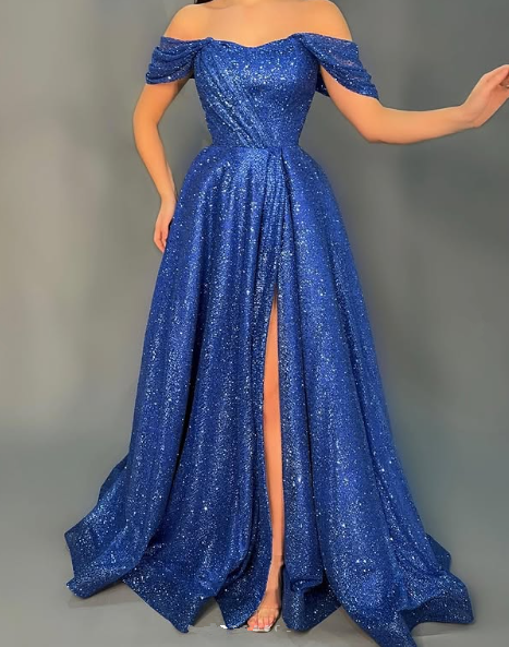 Sparkly Off The Shoulder Sequin Slit Prom Dress,Blue A Line Evening Dress Y8532