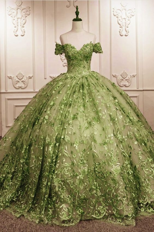 unique sage lace ball gown off the shoulder quince dress for 15th birthday party Y6525