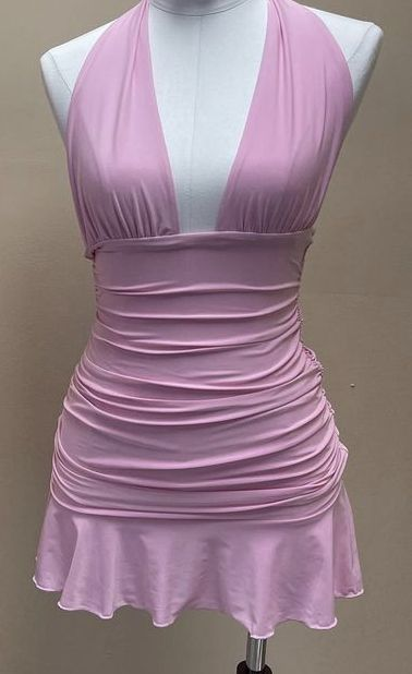 Pink Halter Deep V Neck Homecoming Dress  Y2594