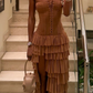 Vintage Strapless Chiffon Layered Long Prom Dress Slit Evening Dress  Y7859