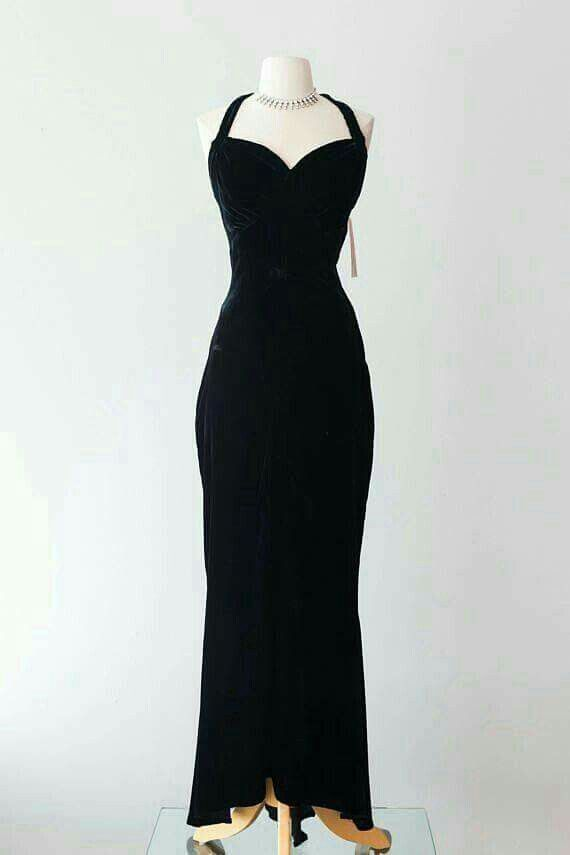 Vintage Black Velvet Evening Dress Halter Dress Style 30s Sweetheart Neckline Y4771