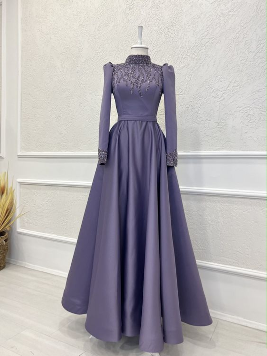 Modest Purple A-line Long Sleeves Prom Dress,Muslim Dress  Y7207
