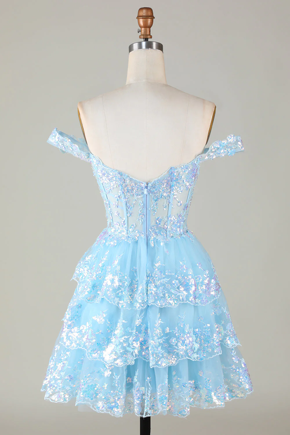 Sparkly Blue Corset Tiered Lace A-Line Short Homecoming Dress Y4083