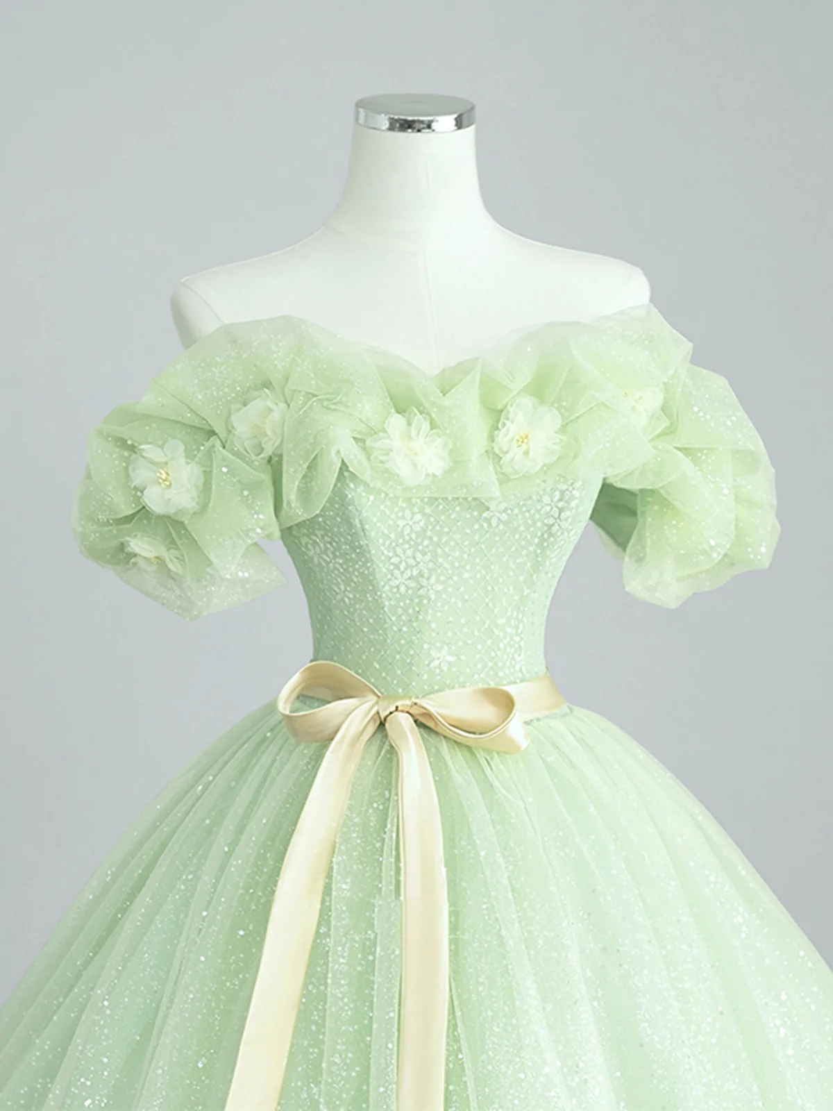 A-Line Off Shoulder Tulle Sage Green Long Prom Dress, Green Sweet 16 Dress Y5854