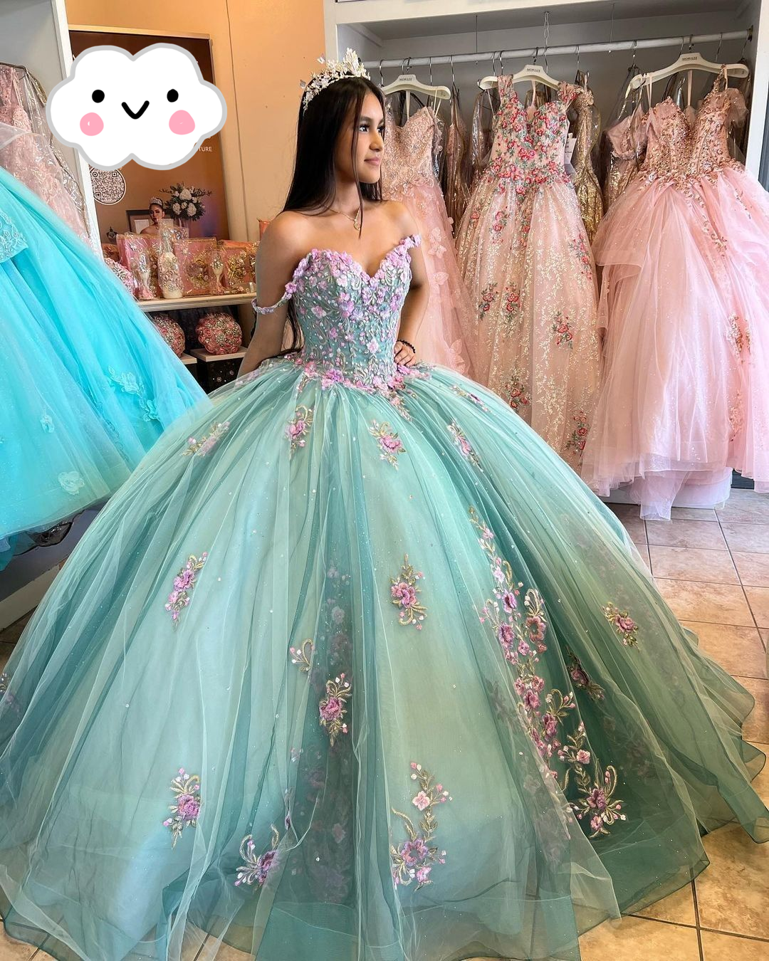 Lake Blue Princess Ball Gown 3D Flowers Quinceanera Dresses Off Shoulder Appliques Beaded Maxi Sweet 16 Dress Y2632