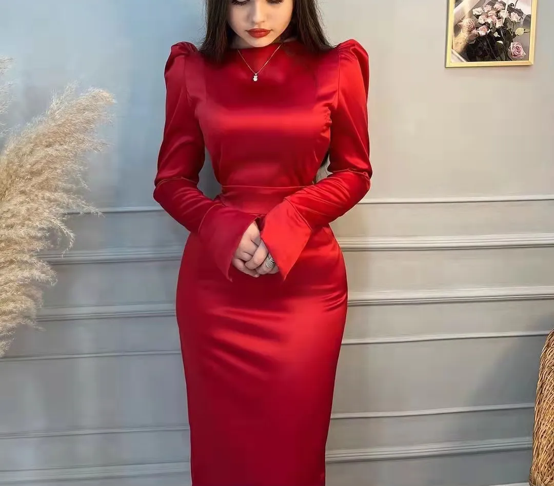 Modest Red Long Sleeves Evening Dress,Simple Red Prom Dress Y6564