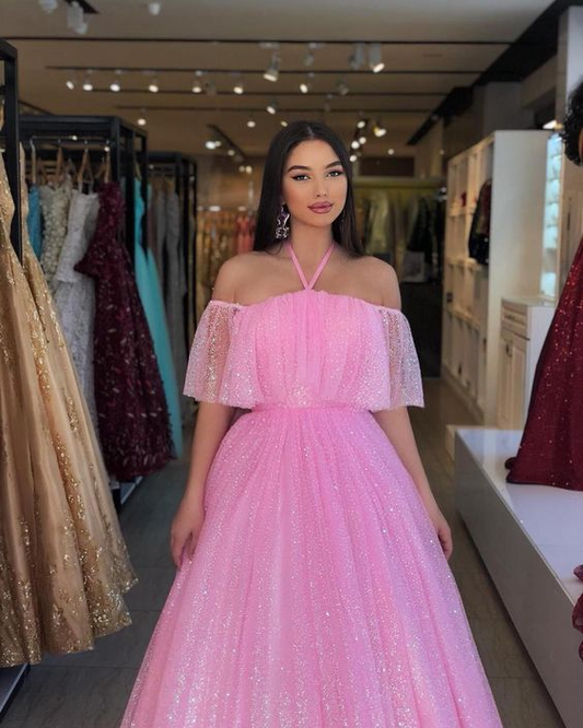 Glitter Pink A-line Prom Dress,Pink Princess Dress Y6433