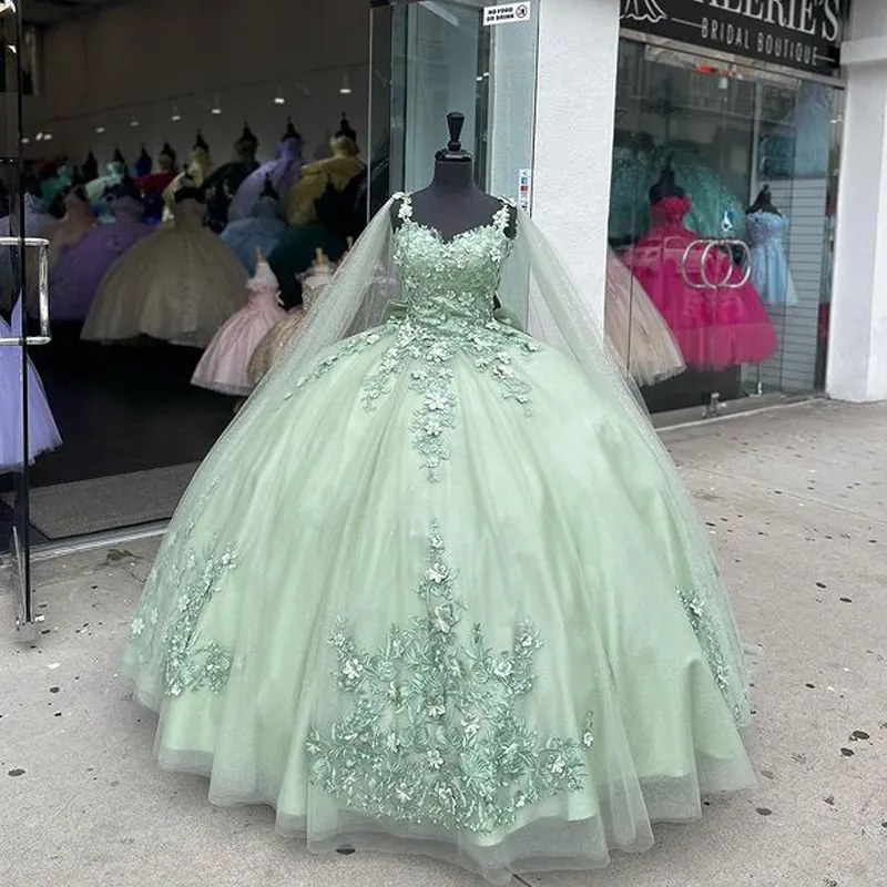Mint Green Quinceanera Dresses 3D Flowers Ball Gown Pageant Party Sweet 15 Dress Y4481