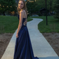A-line Backless Prom Dress,Navy Blue Graduation Dress  Y7449