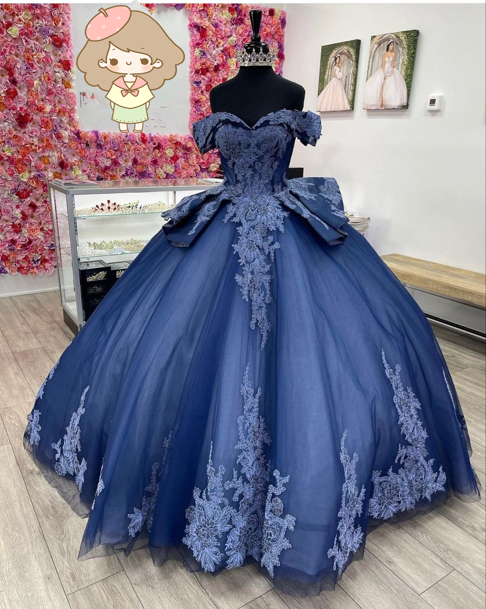 Navy Off The Shoulder Tulle Lace Quinceanera Dress,Navy Blue Ball Gown Sweet 15 Dress  Y2985