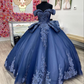 Navy Off The Shoulder Tulle Lace Quinceanera Dress,Navy Blue Ball Gown Sweet 15 Dress  Y2985