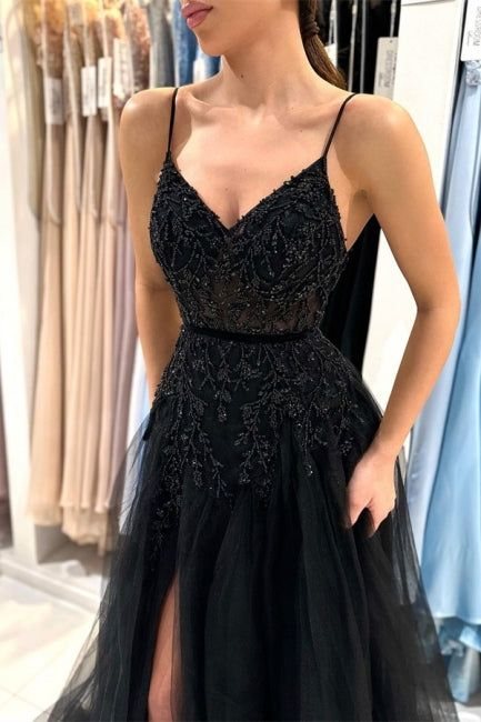 Elegant Long Black A-line Sequined Lace Prom Dress With Slit Y6002