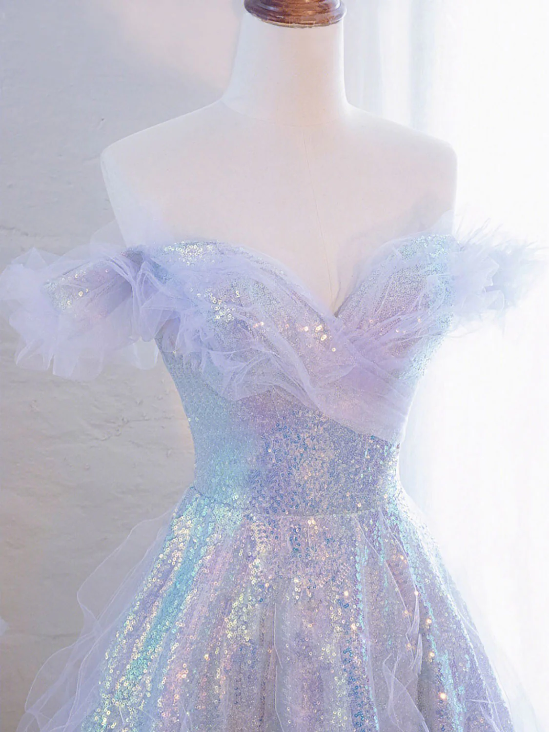 Purple Off Shoulder Sequin Tulle Long Prom Dress, Purple Formal Evening Dresses Y4659