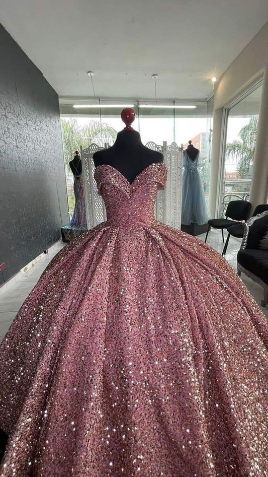Sparkly Off The Shoulder Sequins Ball Gown,Sweet 16 Dress Y6473
