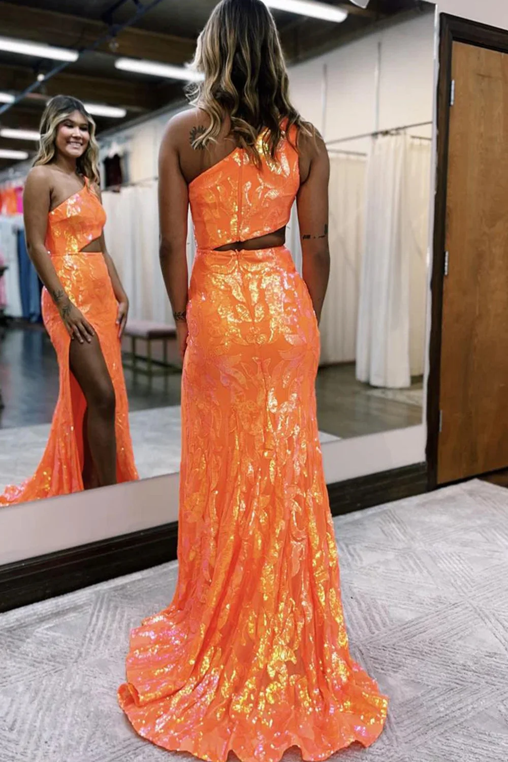 Sparkly Orange Sequin One Shoulder Long Prom Dress with Slit Y4277