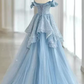 Light Sky Blue Off The Shoulder Tulle Prom Dress, Sparkly Long Party Gown Y3082