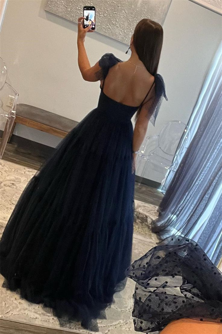 Dark Navy Bow Tie Shoulder Dot Tulle A-line Long Prom Dress Y4892