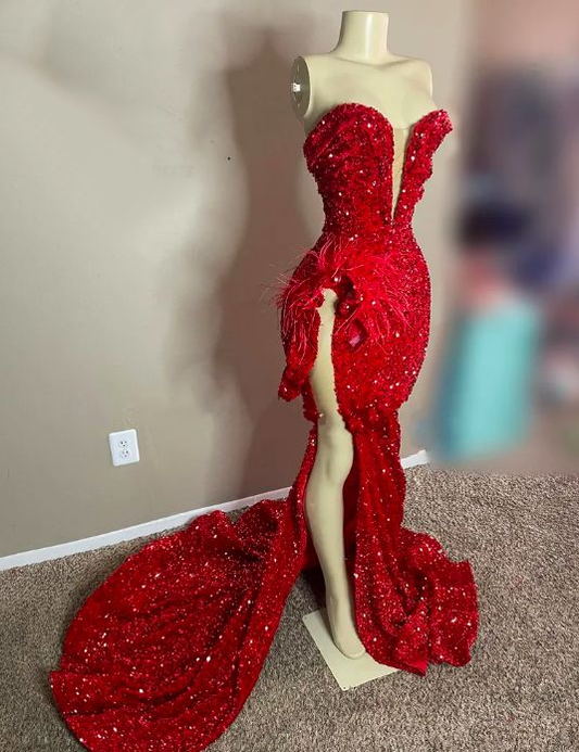 Sparkly Sequined Red Sweetheart Long Prom Dress For Black Girls Feathers Birthday Party Gowns High Slit Evening Gown Y6599