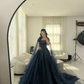 Navy Blue Glitter Square Neck Tulle Long Sleeves Luxury Ball Gown  Y4883