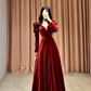 Burgundy Deep V-Neck Velvet Long Sleeves Prom Dress Y2635