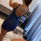 Dark Blue Beaded Plunge Neck Bodycon Mini Party Dress Homecoming Dress Y2908