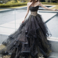 Black Sparkly Tulle Prom Dresses Strapless Ruffled Formal Gown  Y2703