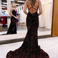 Chic Sequins Long Evening Dress V Neck Spaghetti Strap Y4401