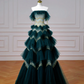 Vintage Dark Green Tulle Sequins Layered A Line Prom Dress,Strapless Evening Dress Y8606