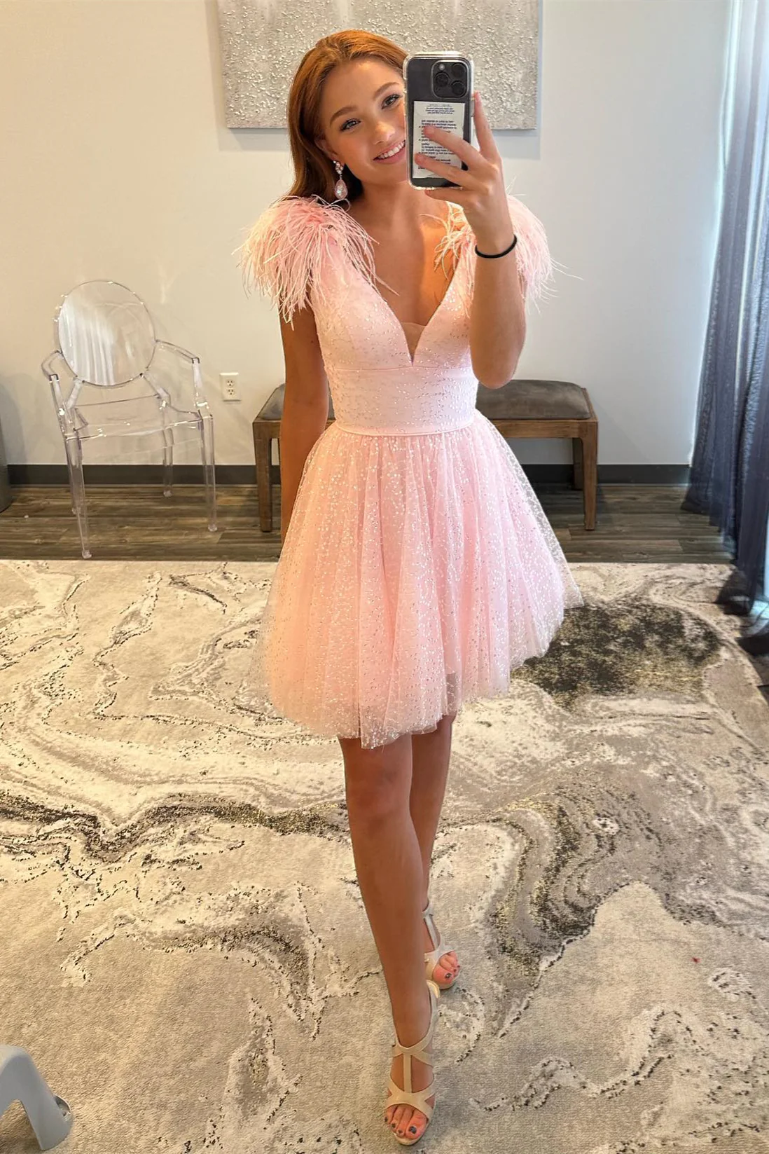 Pink A-line Tulle Deep V Neck Homecoming Dress with Feathers,Y2427