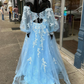 Blue Floral Lace Sweetheart A-Line Prom Dress with Sleeves Y4029