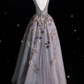 Charming V Neckline Gray Tulle Floral Ball Gown   Long Evening Gown Prom Dress Y7953