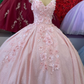 Glitter V Neck Pink Ball Gown with Floral Lace  Y2696